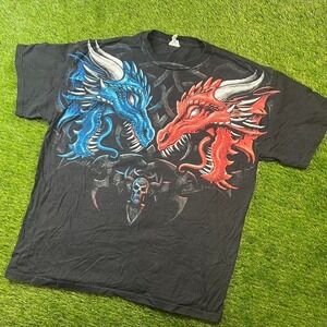 Y2K Vintage Black dragon graphic tee with red and blue accents. Size: XL